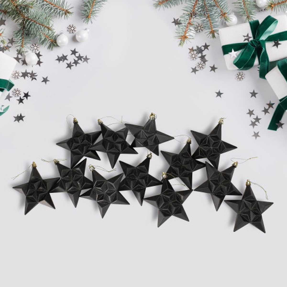 12ct Matte Jet Black Glittered Star Shatterproof Christmas Ornaments 5″