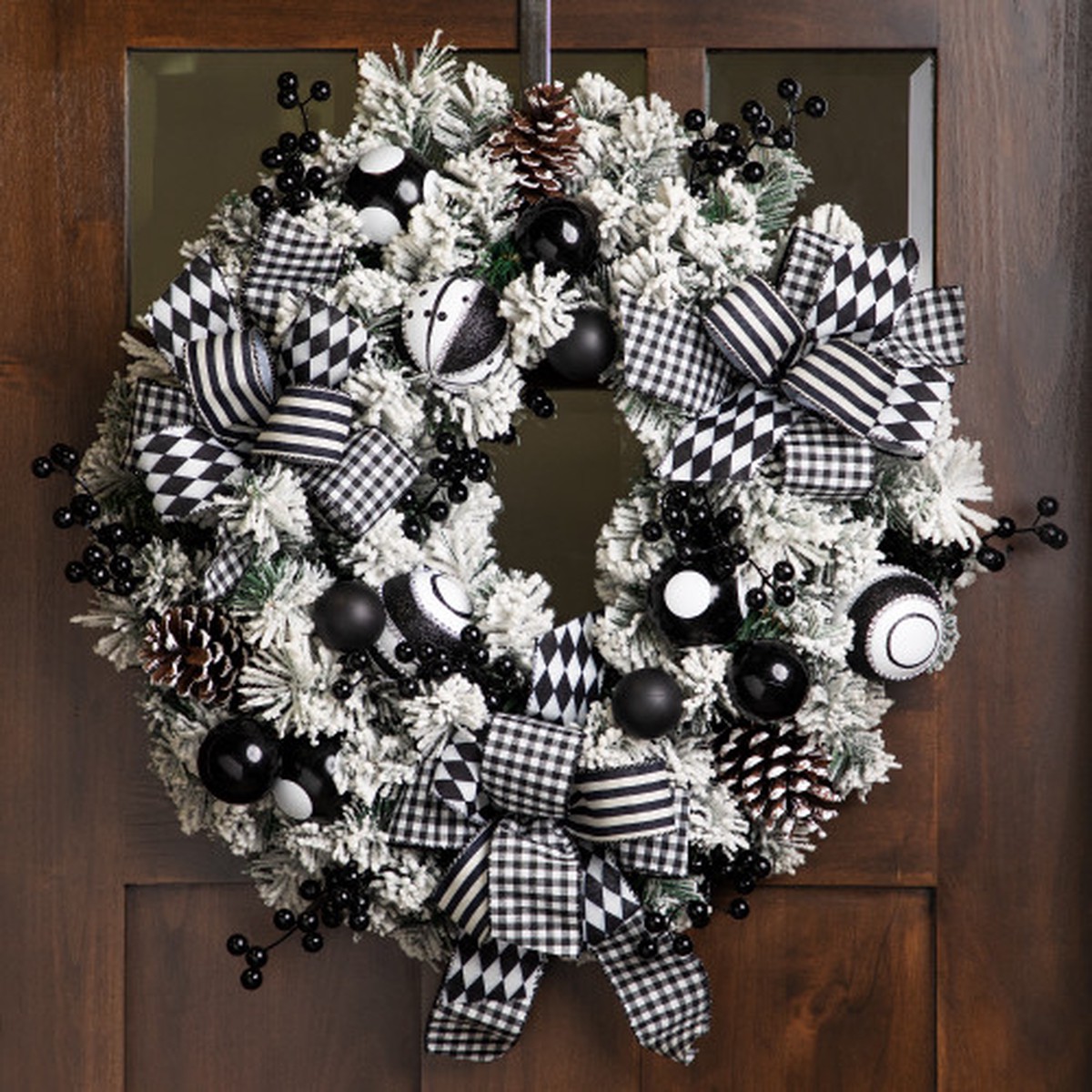Flocked Pine with Harlequin Bows and Ornaments Christmas Wreath – 24″ – Unlit