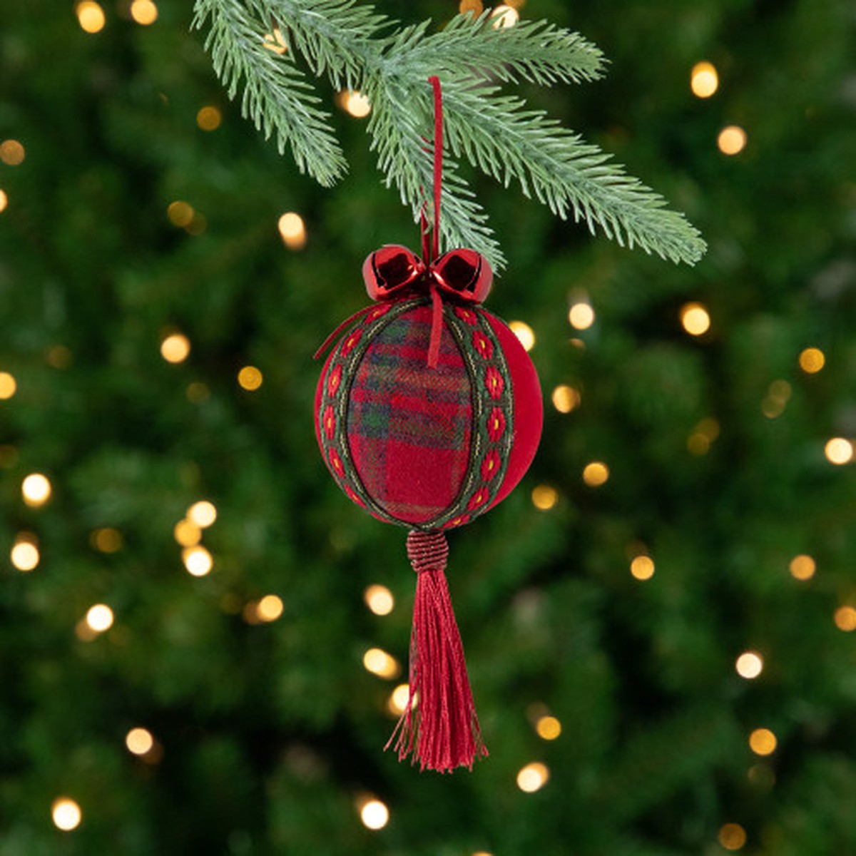 Jingle Bell Plaid Christmas Ball Ornaments – 2.75″ – Set of 4 – Red and Green
