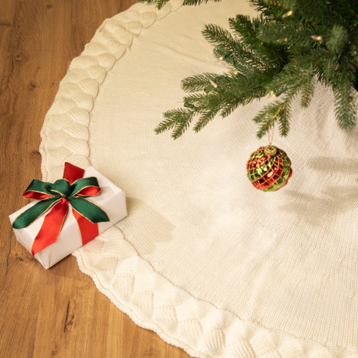Knitted Sweater Tree Skirt with Braided Border - 60" - Cream