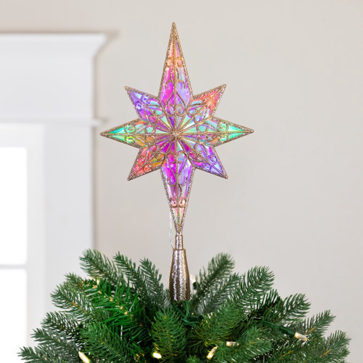 LED Star of Bethlehem Christmas Tree Topper – 14.5″ – Champagne Gold – Multi Lights