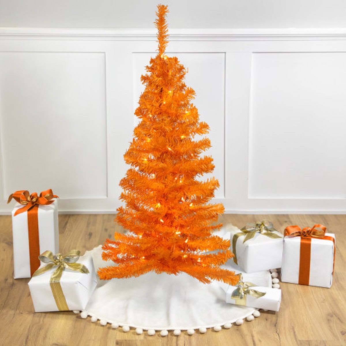 Pre-Lit Medium Artificial Pine Christmas Tree - 3' - Orange - Clear Lights