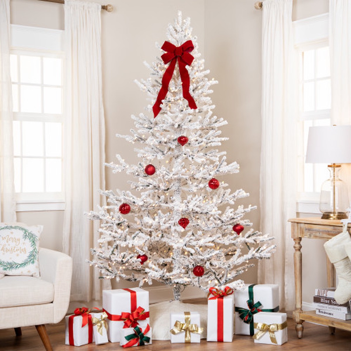 Pre-Lit Medium Flocked IPT Artificial Garden Christmas Tree – 6.5′ – Warm White LED Lights
