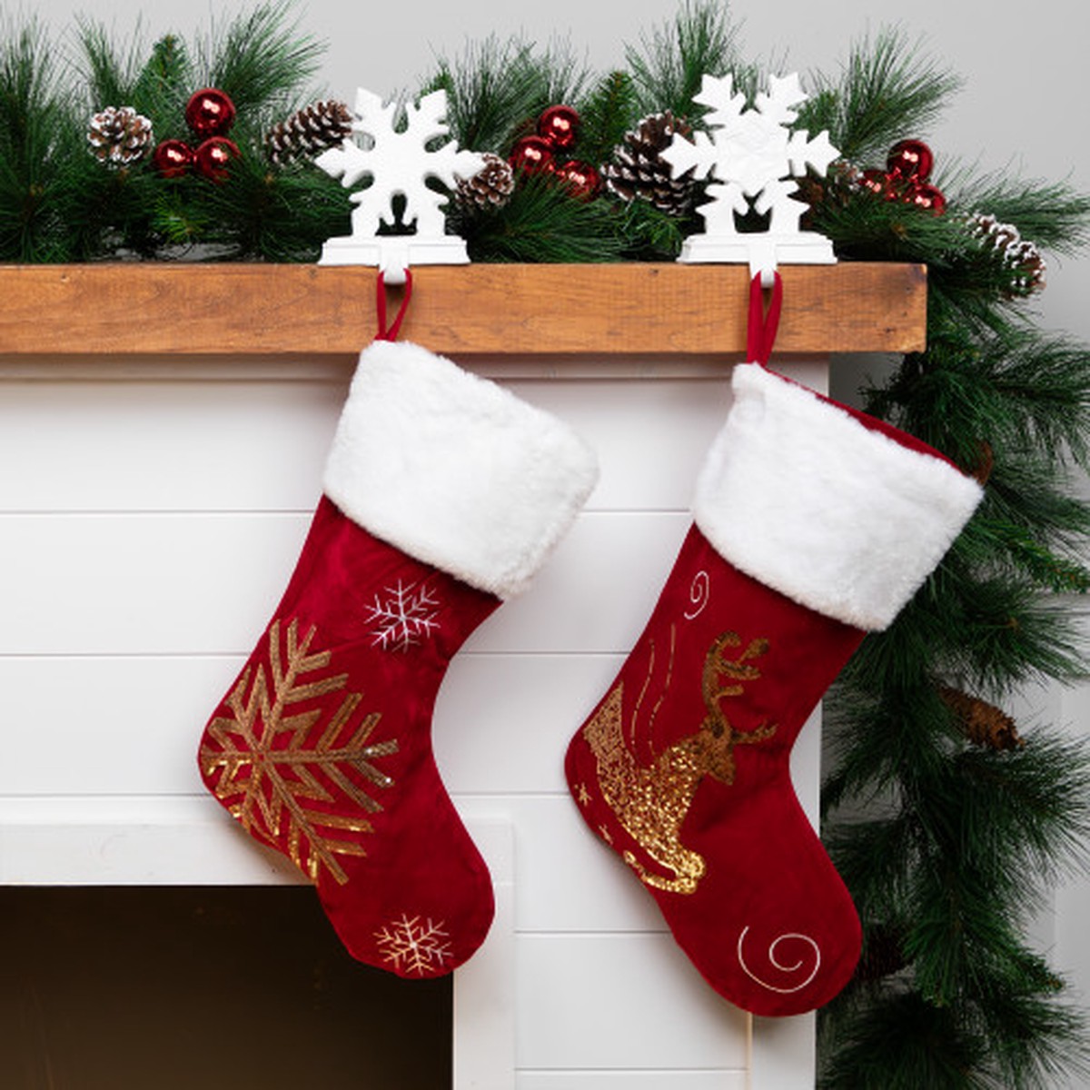 Reindeer and Snowflake Sequin Christmas Stockings - 20" - Red and White - Set of 2