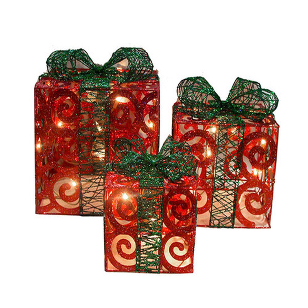 Set of 3 Sparkling Red Pre-Lit Swirl Gift Boxes Christmas Yard Art Decor 13″