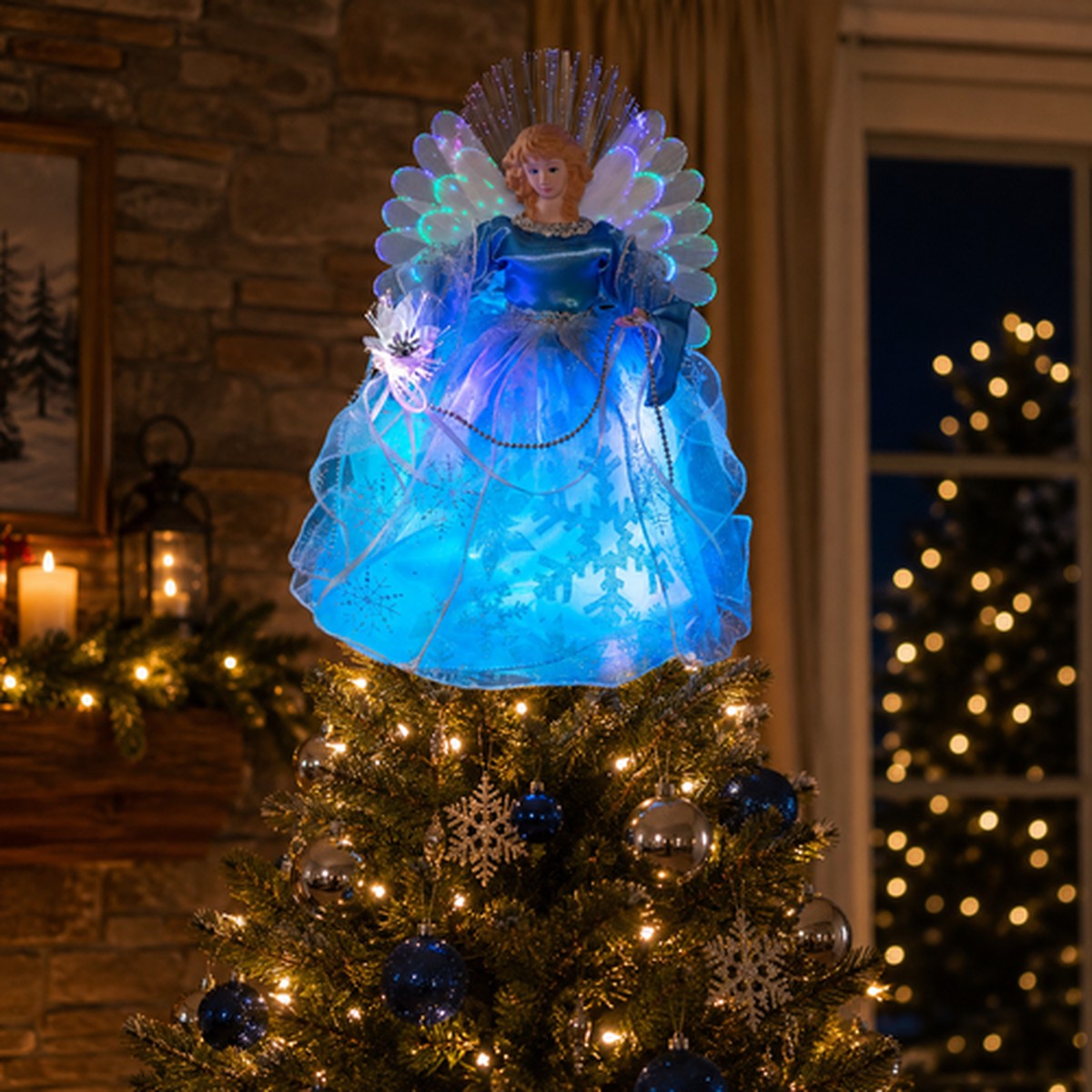 13″ Lighted Color Changing Fiber Optic Angel Christmas Tree Topper – Blue
