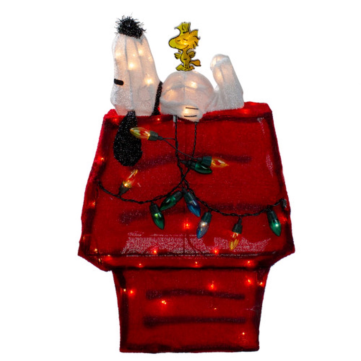 26″ Red Pre Lit Peanuts Snoopy and Woodstock Dog House Christmas Yard Art Decor – Clear Lights