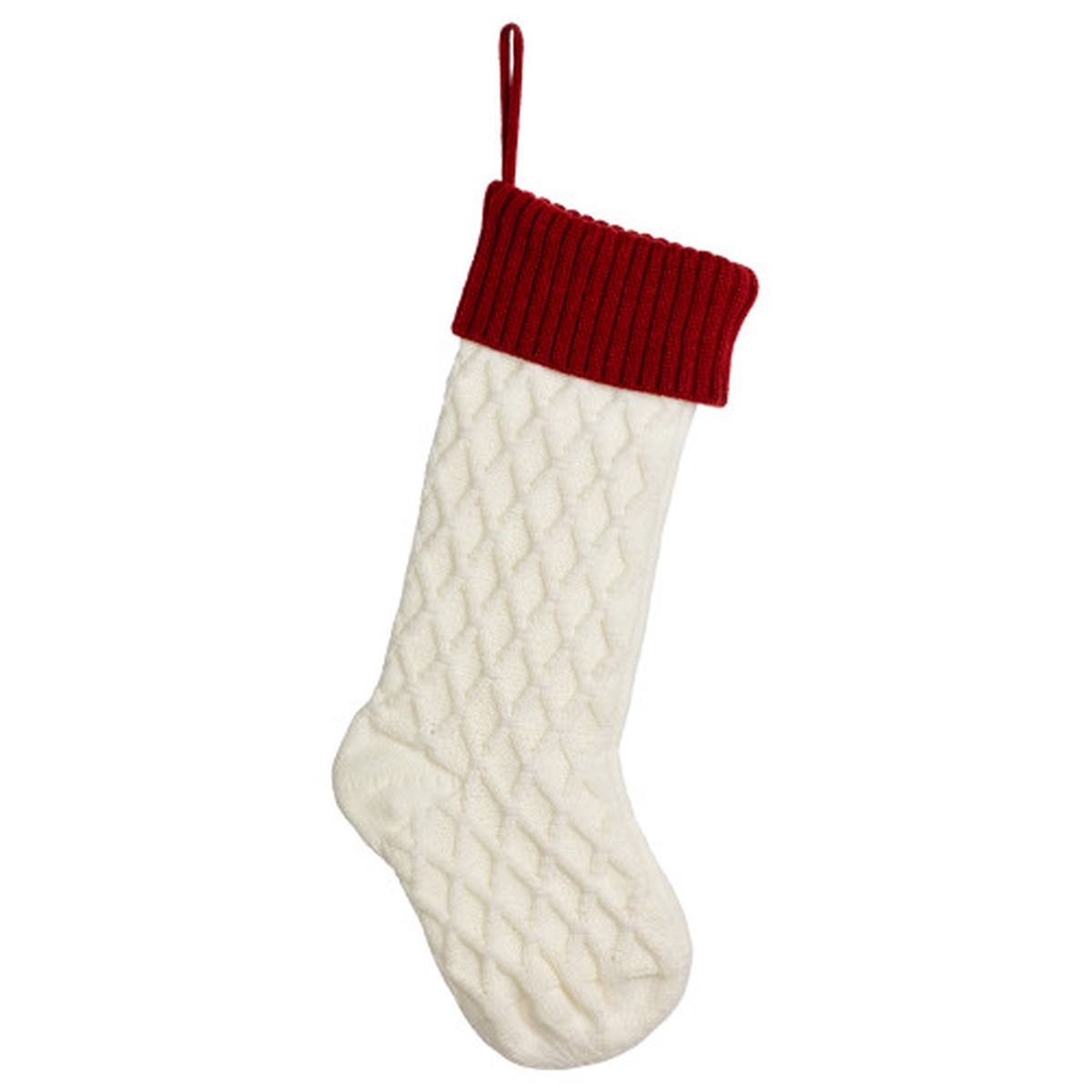 Diamond Cable Knit Christmas Stocking with Ribbed Cuff - 20" - White and Red
