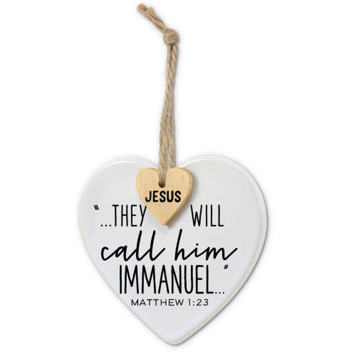 Heart-Shaped Immanuel Ceramic Christmas Ornament – 3.5″ – White and Beige