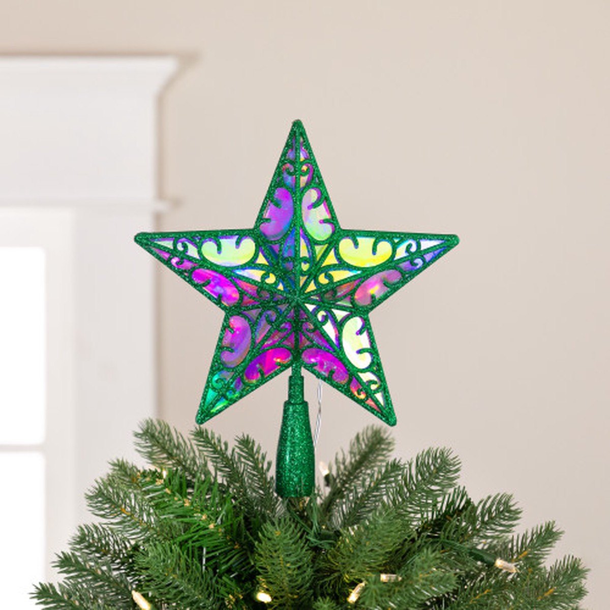 LED Lighted Glittered Star Christmas Tree Topper – 11″ – Green – Multicolor Lights