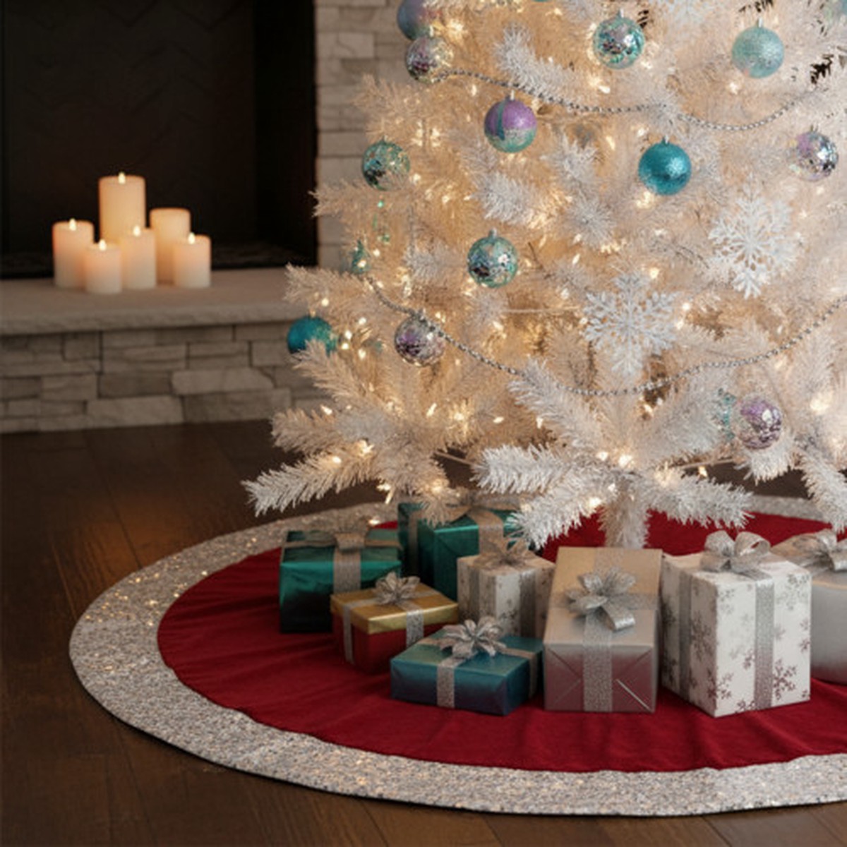 Velvet Sequined Christmas Tree Skirt - 48" - Red and Silver