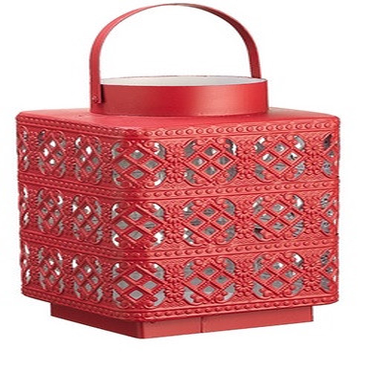 10″ Alpine Chic Red Metal with Glass Diamond Lattice Hurricane Candle Holder