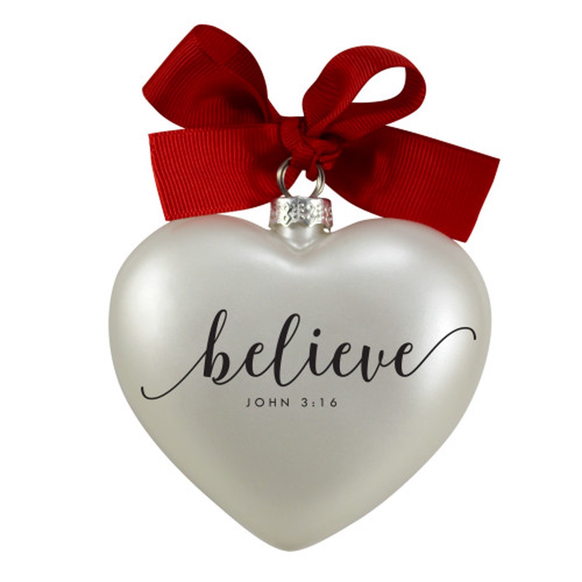Heart Shaped Believe Christmas Ornament – 3.5″ – White and Red