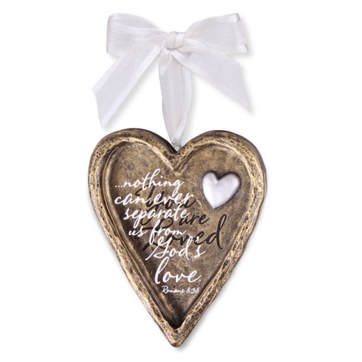 Heart Shaped Hanging Christmas Ornament – 4″ – Bronze and White