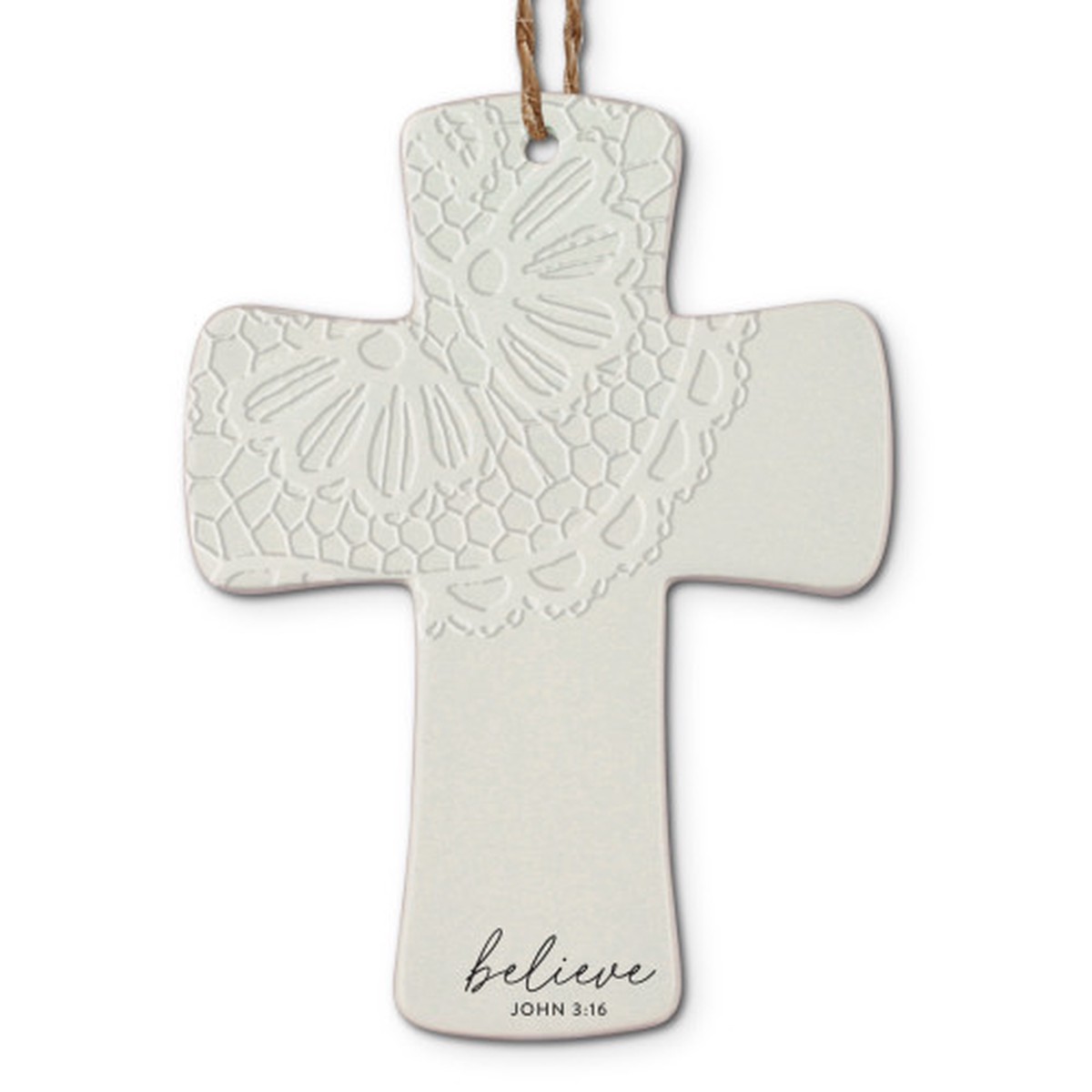 Lace Textured Believe Cross Christmas Ornament – 4.5″ – White
