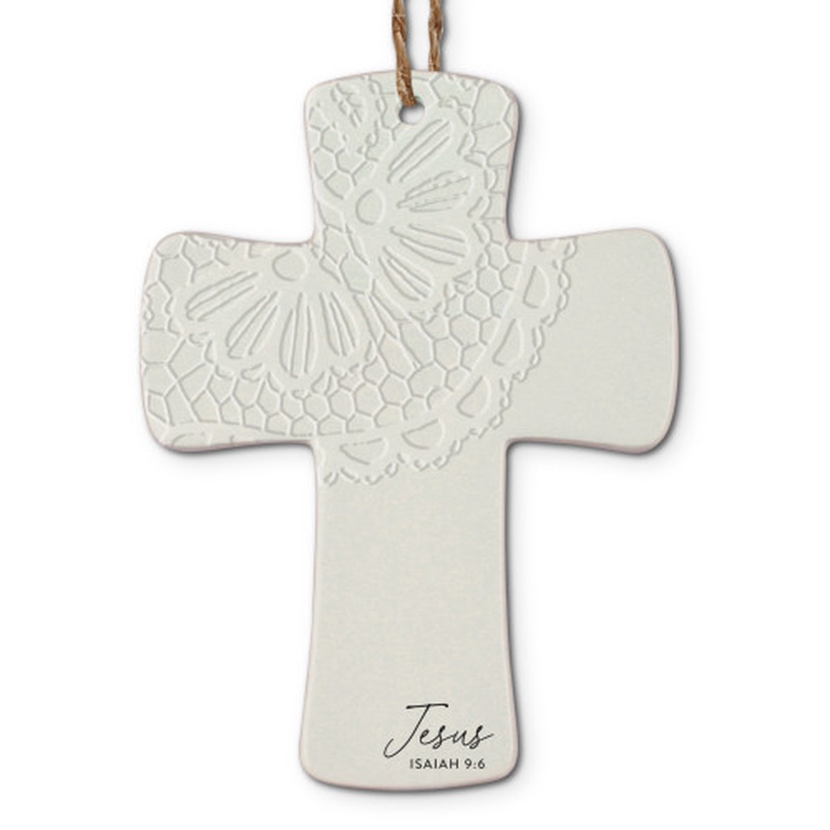 Lace Textured Jesus Cross-Shaped Christmas Ornament – 4.5″ – White