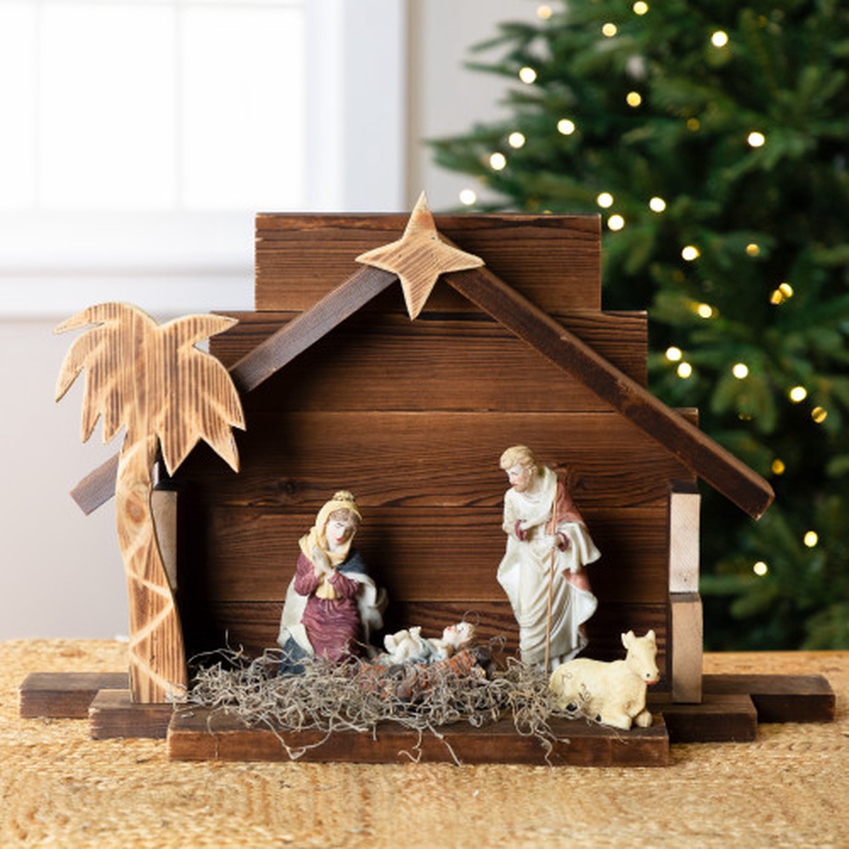 Wooden Nativity Stable with Star and Palm Tree – 22″