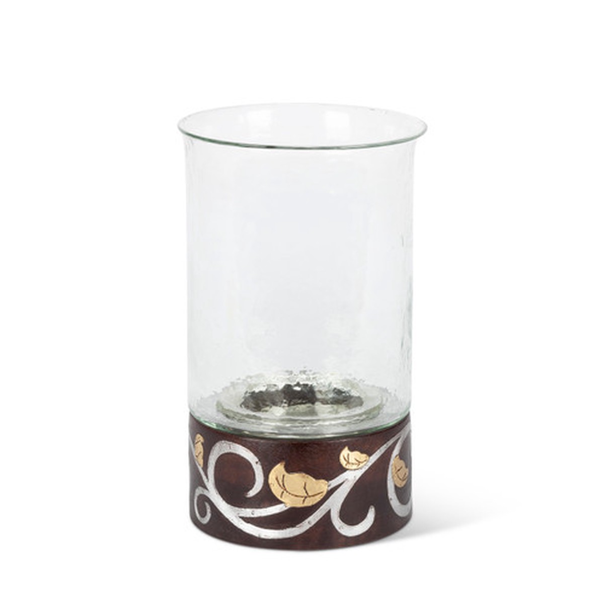 12″ Clear and Black Unique Gold Leaf Mango Wooden Inlay Round Candle Holder