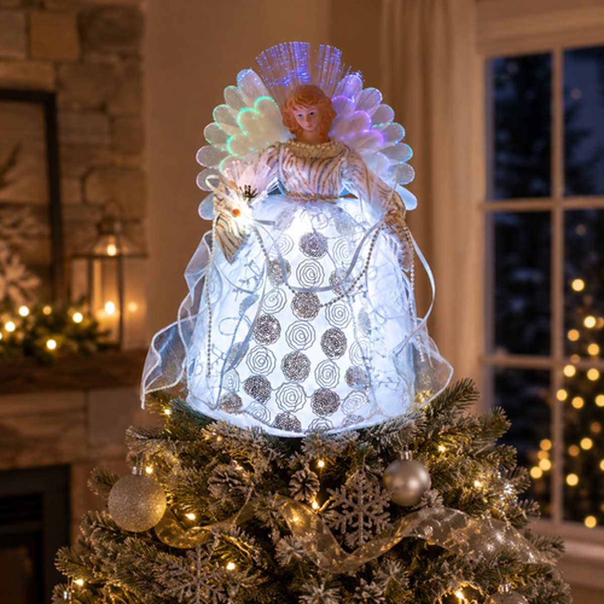 13″ Fiber Optic Color-Changing Angel with Flower Christmas Tree Topper – White