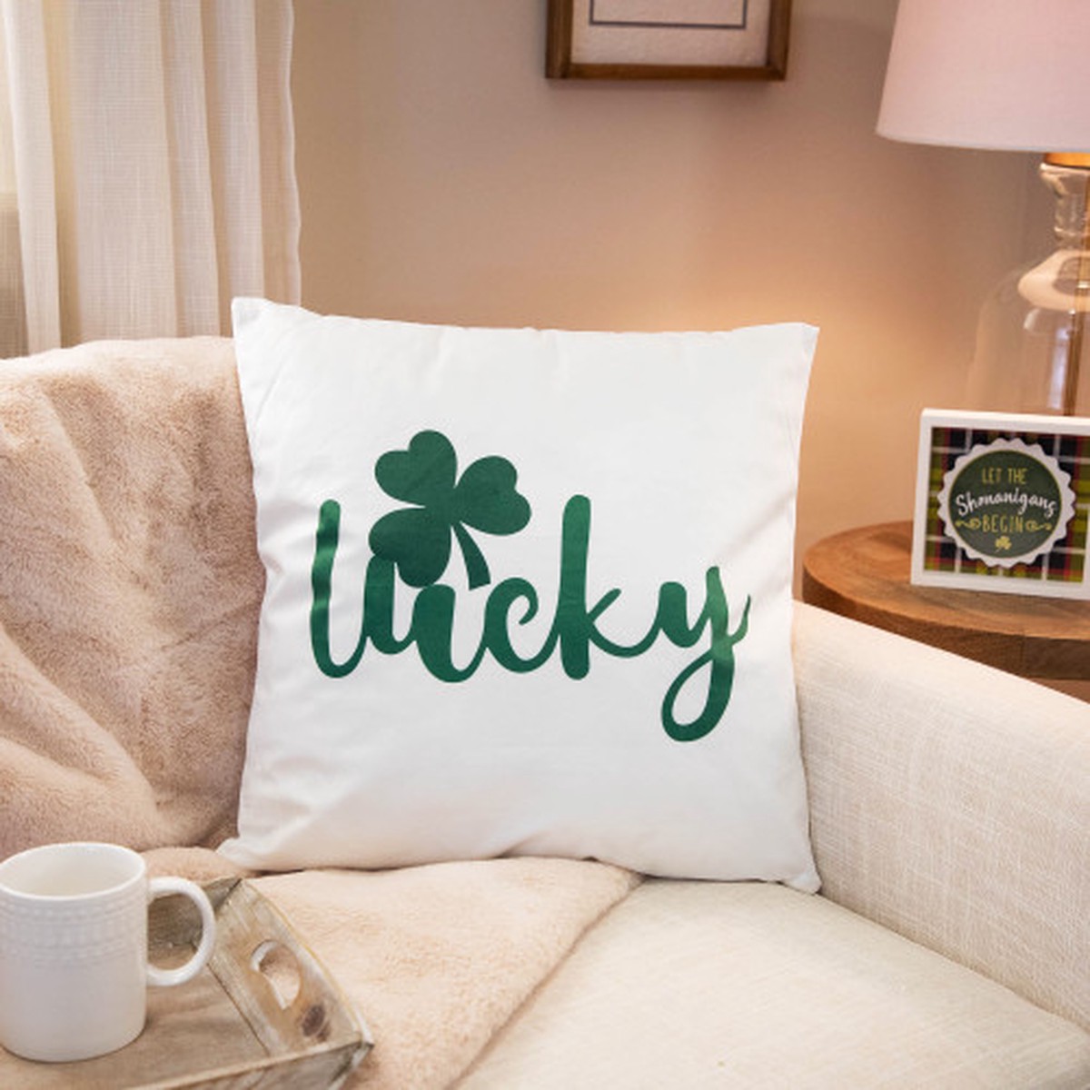 17″ x 17″ Lucky Shamrock St. Patrick’s Day Square Throw Pillow – White and Green
