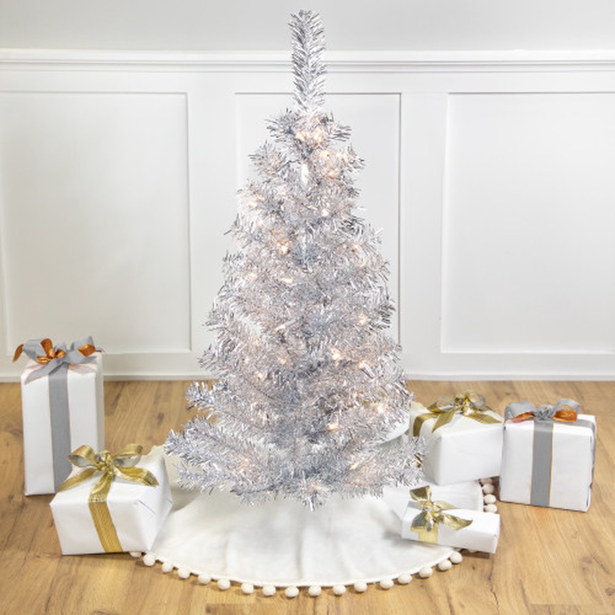 3′ Pre-Lit Artificial Tinsel Christmas Tree – Silver – Clear Lights