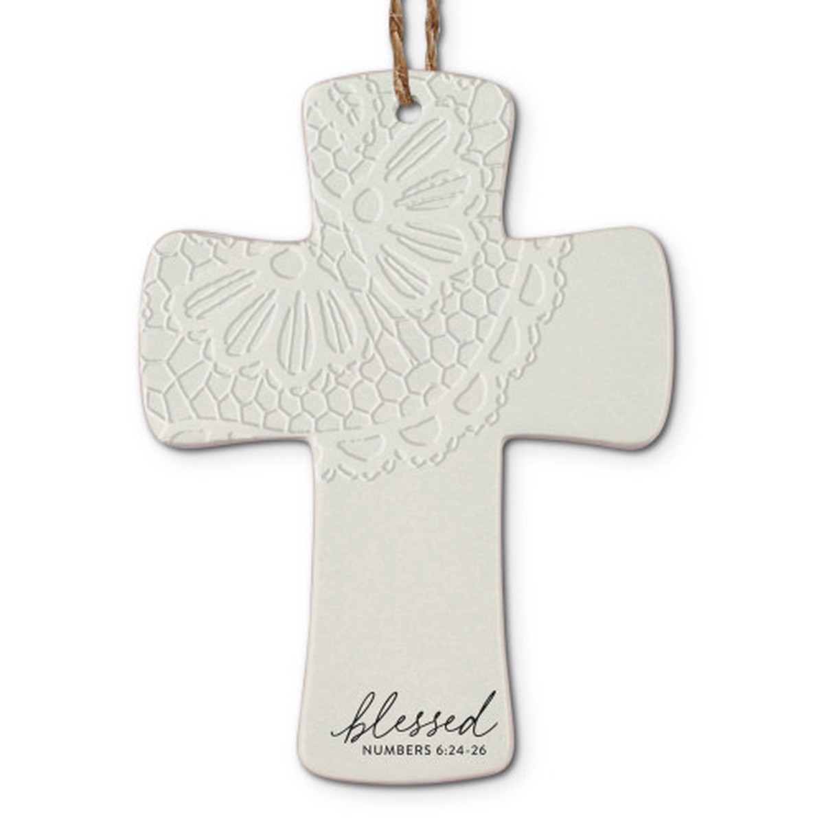 Blessed Lace Textured Cross Christmas Ornament – 4.5″ – White