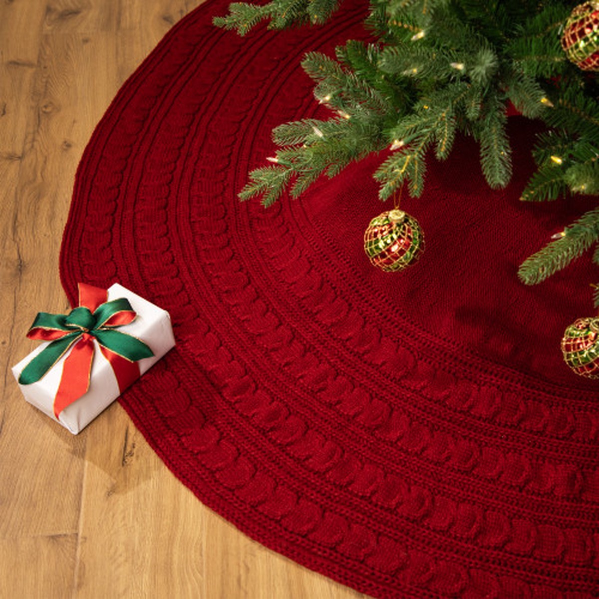 Knitted Sweater Tree Skirt with Buttons - 72 - Red