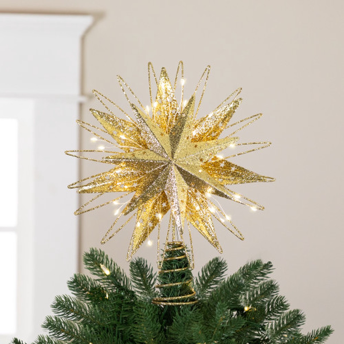 LED Lighted Glittered Starburst Christmas Tree Topper – 13″ – Gold – White Lights