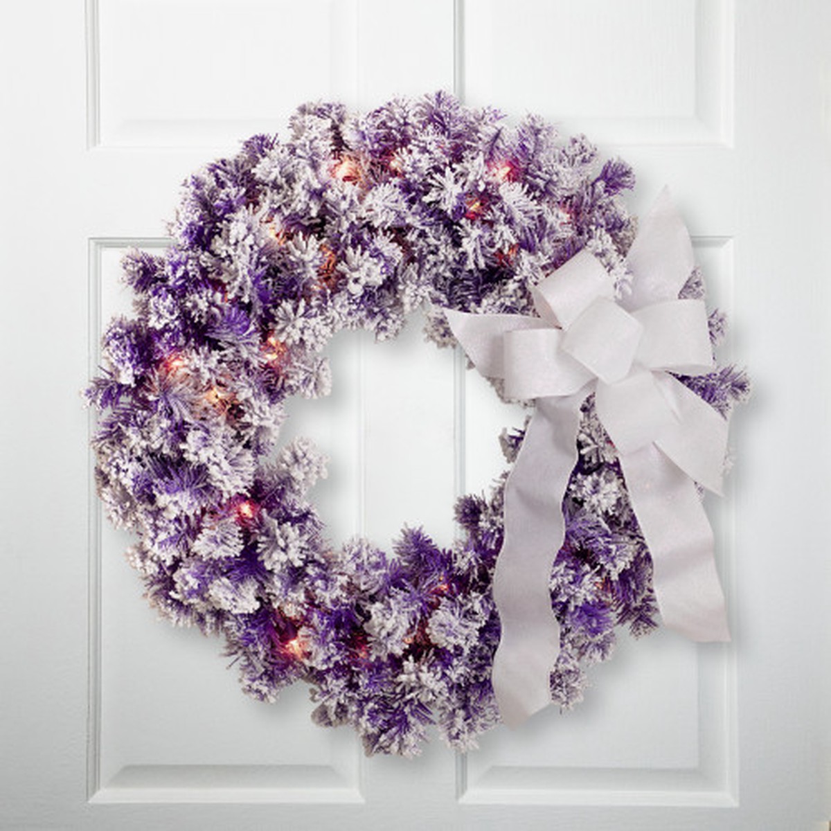 Pre-Lit Flocked Pine Artificial Christmas Wreath – 24″ – Purple – Clear Lights