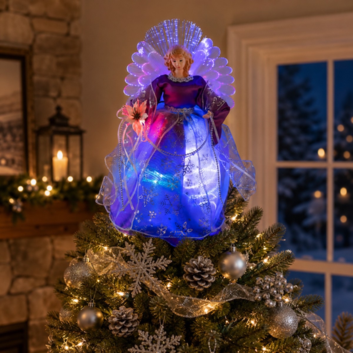 13″ Lighted Fiber Optic Color Changing Angel Christmas Tree Topper – Purple