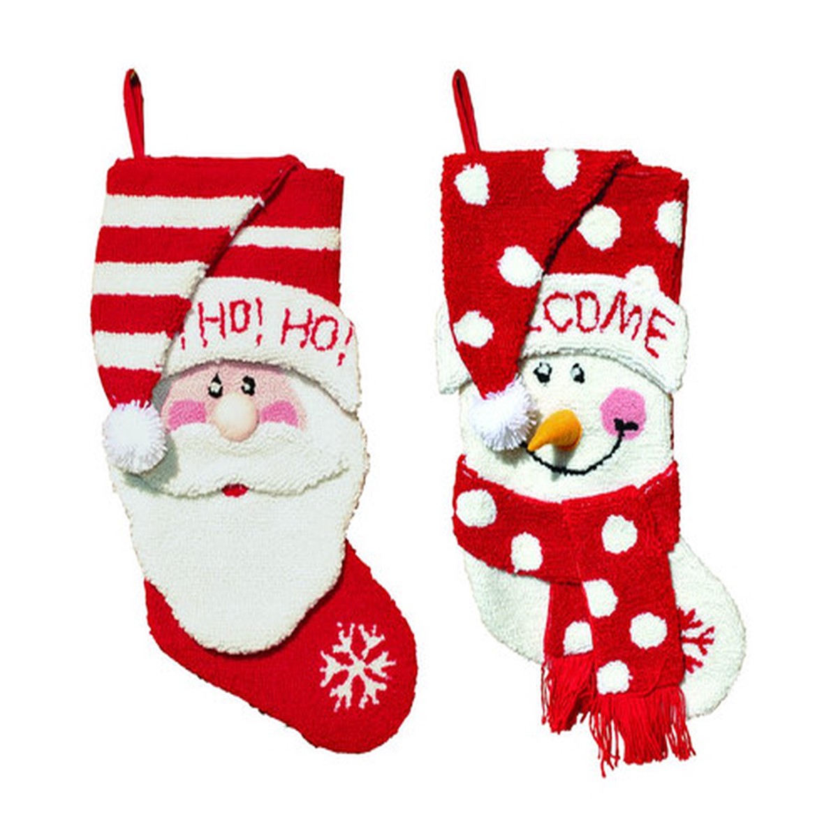 2 Plush Hooked Santa Claus and Snowman Red and White Christmas Stockings 18.5″
