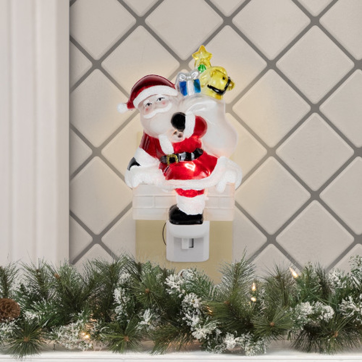 6.25″ Glittered Santa Climbing Brick Chimney with Gifts Christmas Night Light