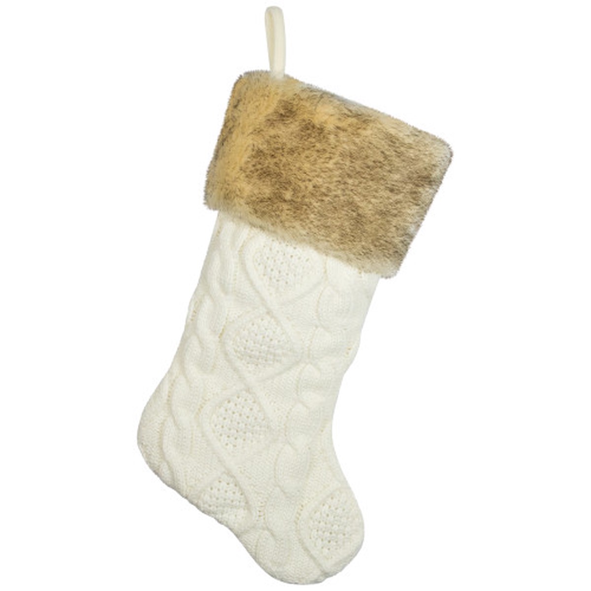Cable Knit Christmas Stocking with Faux Fur Cuff – 20.5″ – Cream and Beige