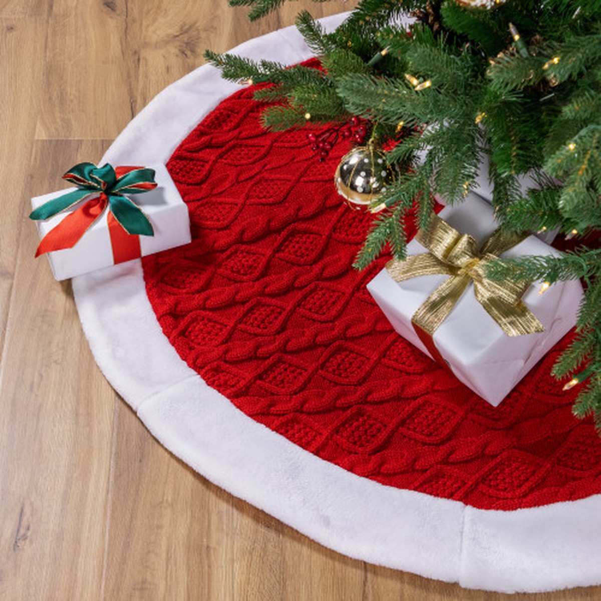 Cable Knit Christmas Tree Skirt – 48″ – Red and White