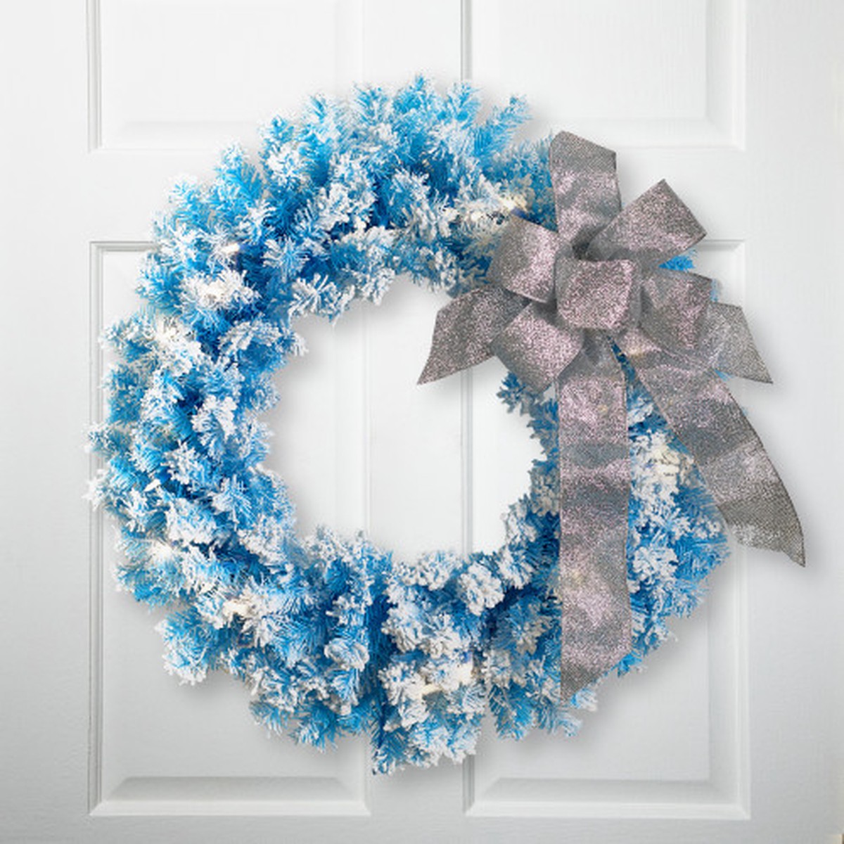 Pre-Lit Flocked Pine Artificial Christmas Wreath – 24″ – Sky Blue – Clear Lights