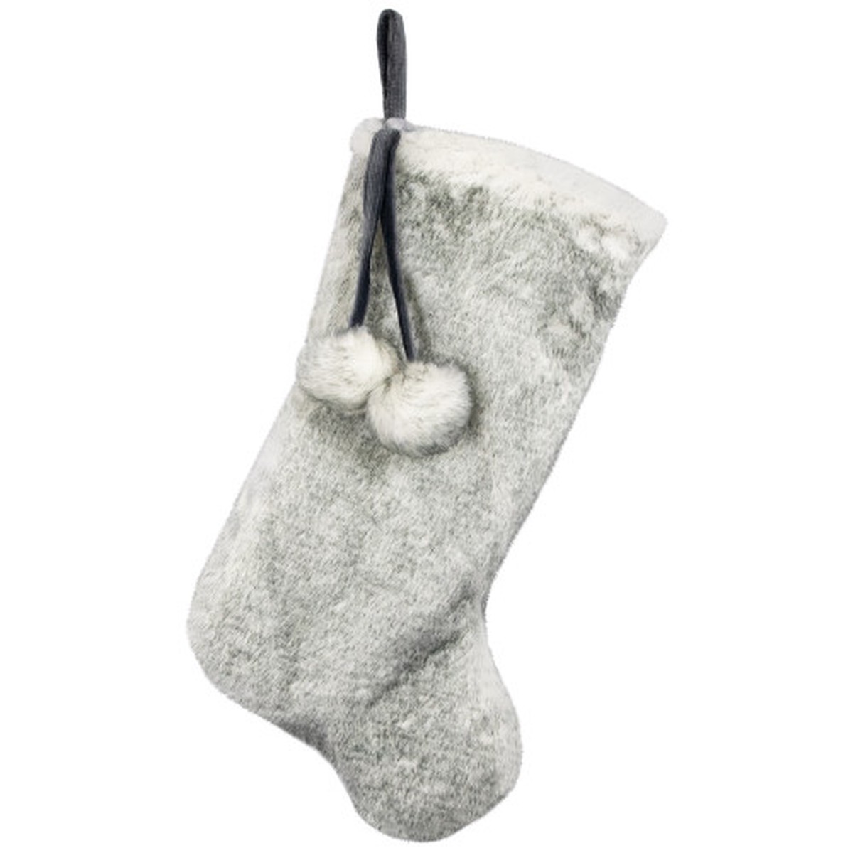 Silver Fox Faux Fur Christmas Stocking with Pom Poms – 20.5″