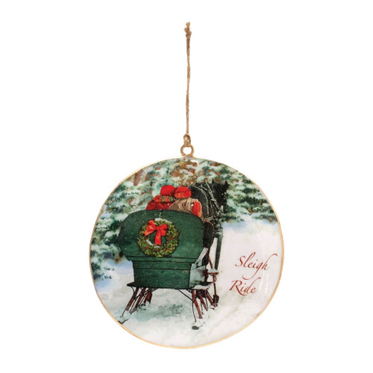 “Sleigh Ride” Couple Christmas Disc Ornaments – 6″ – Green and White – 6ct