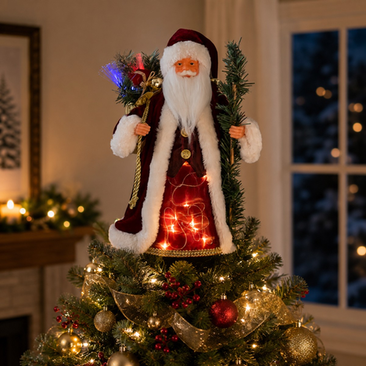 12″ Lighted Fiber Optic Santa Claus Christmas Tree Topper – Red and White