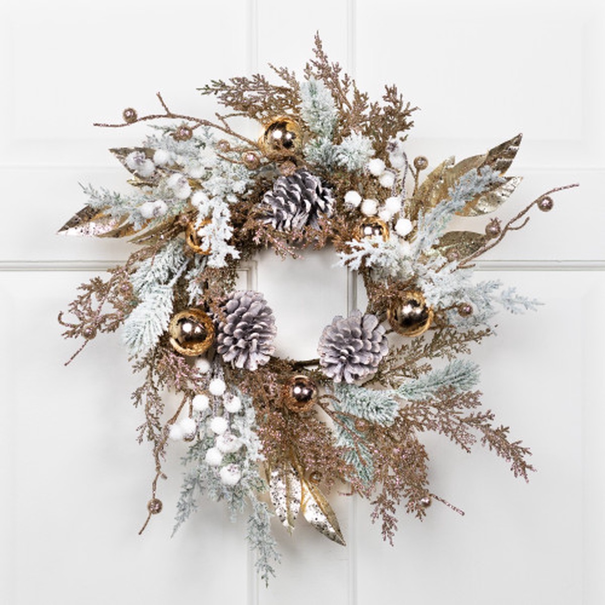 20″ Flocked Pine and Ball Ornament Glittered Artificial Christmas Wreath – Unlit