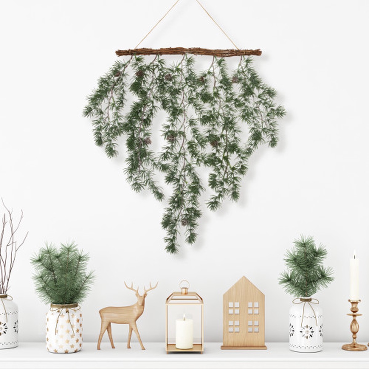 27.5″ Real Touch Pine Sprigs with Pine Cones Christmas Swag Wall Hanging