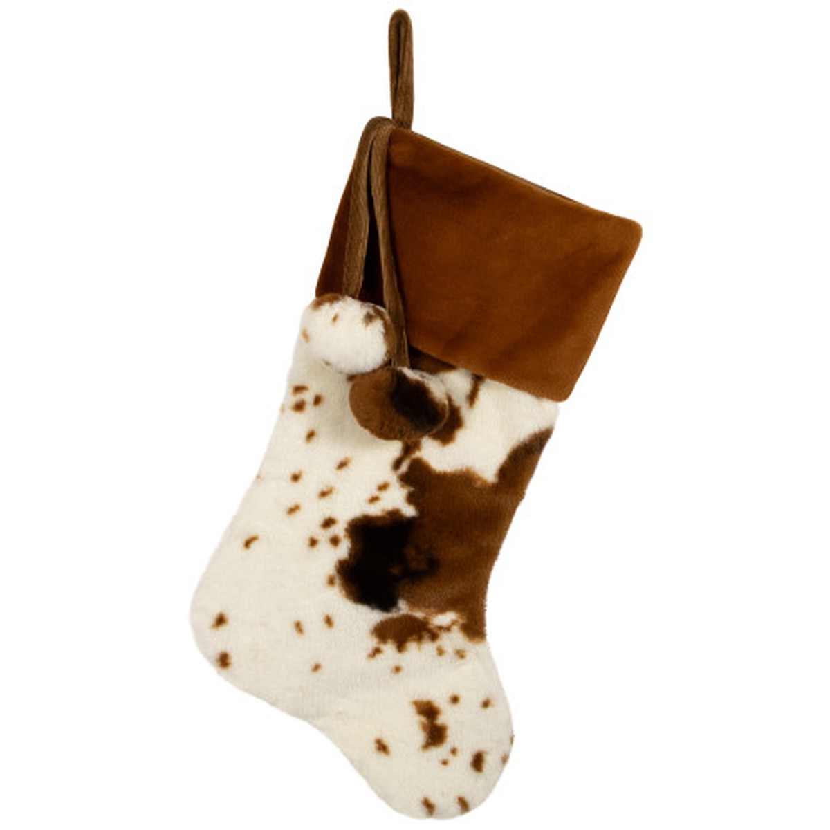 Plush Cowhide Inspired Christmas Stocking with Pom Poms – 20.5″ – Brown