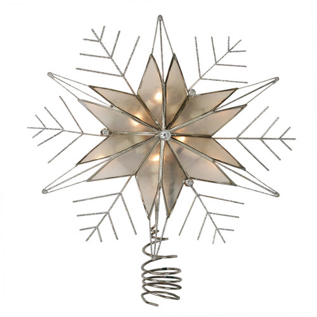 10.5″ Lighted Capiz Star with Silver Snow Flake Christmas Tree Topper – Clear Lights
