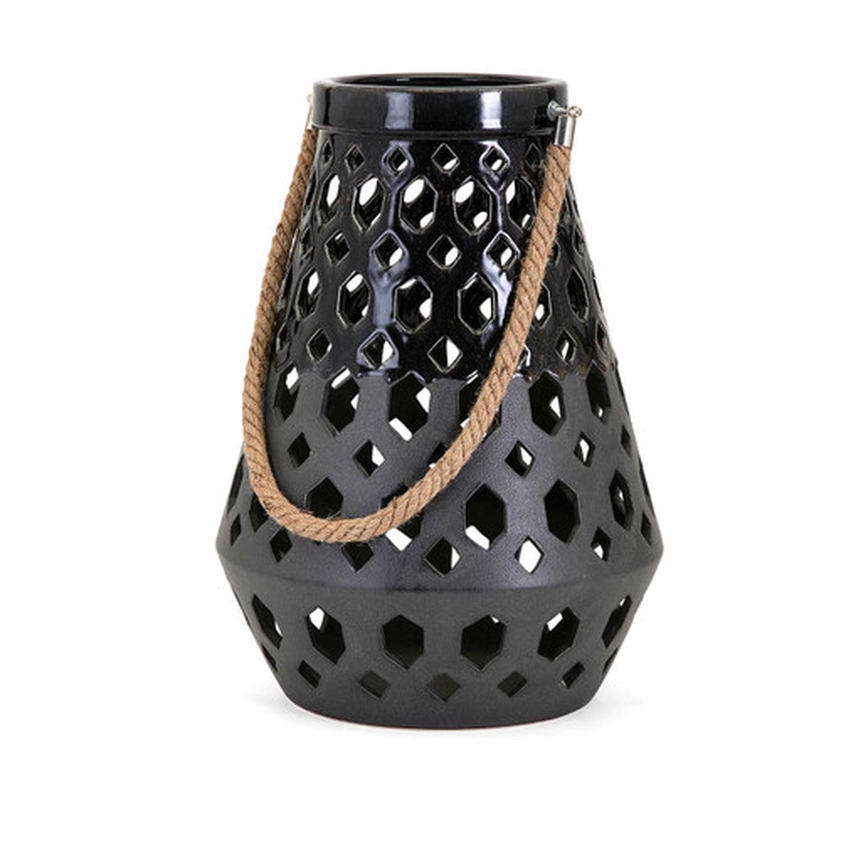 14.75″ Decorative Miles Gloss and Matte Black Cut-Out Ceramic Lantern