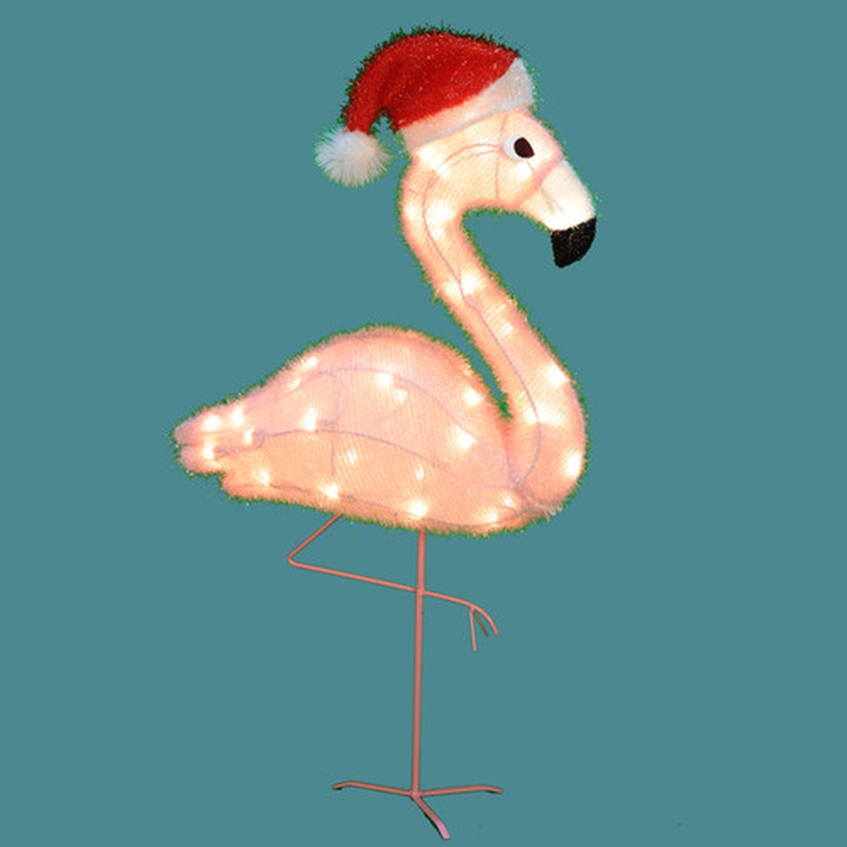 32″ Pre-Lit Pink Flamingo with Santa Claus Hat Soft Tinsel Christmas Yard Art