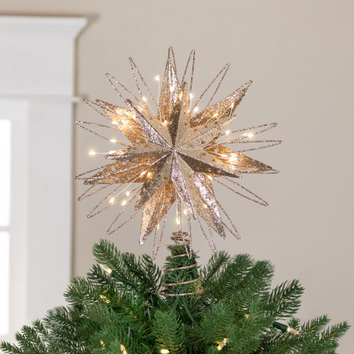 LED Lighted Starburst Glittered Christmas Tree Topper – 13″ – Champagne Gold – White Lights