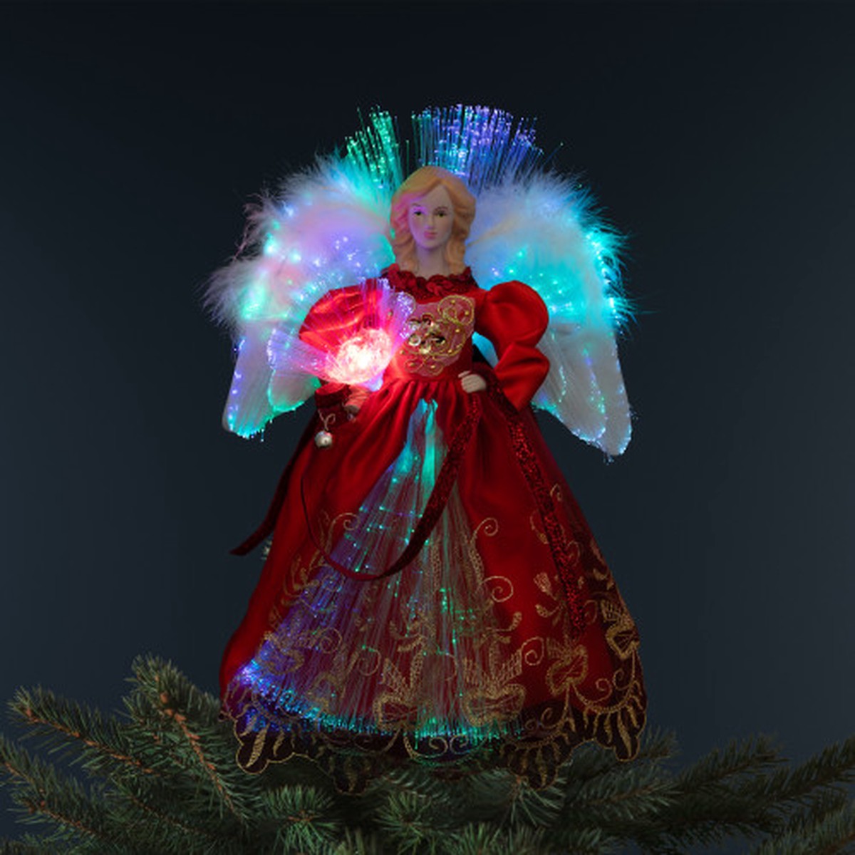 Lighted Fiber Optic Angel Christmas Tree Topper – 12″ – Red and Gold