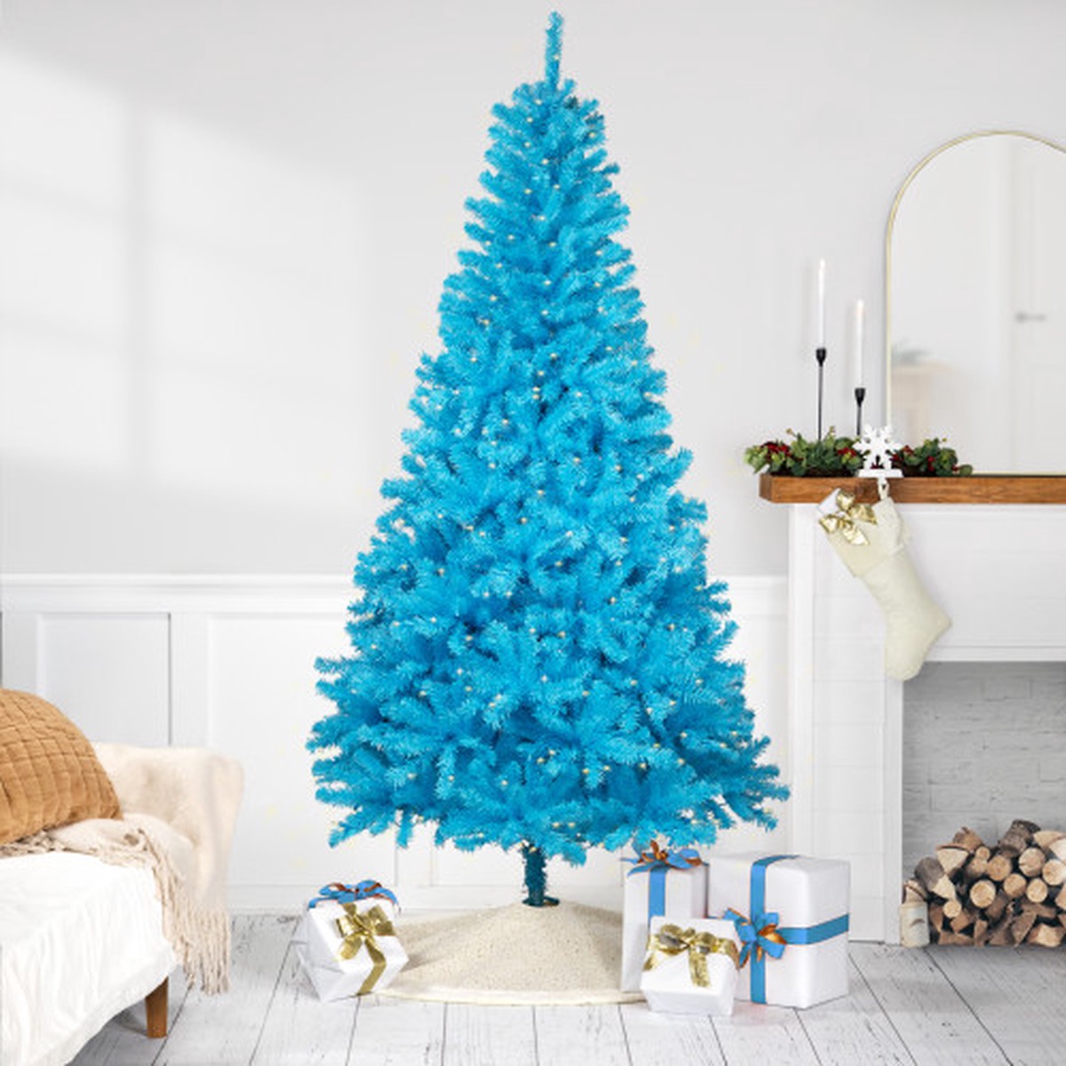 Pre-Lit Medium Pine Artificial Christmas Tree – 6′ – Sky Blue – Clear Lights