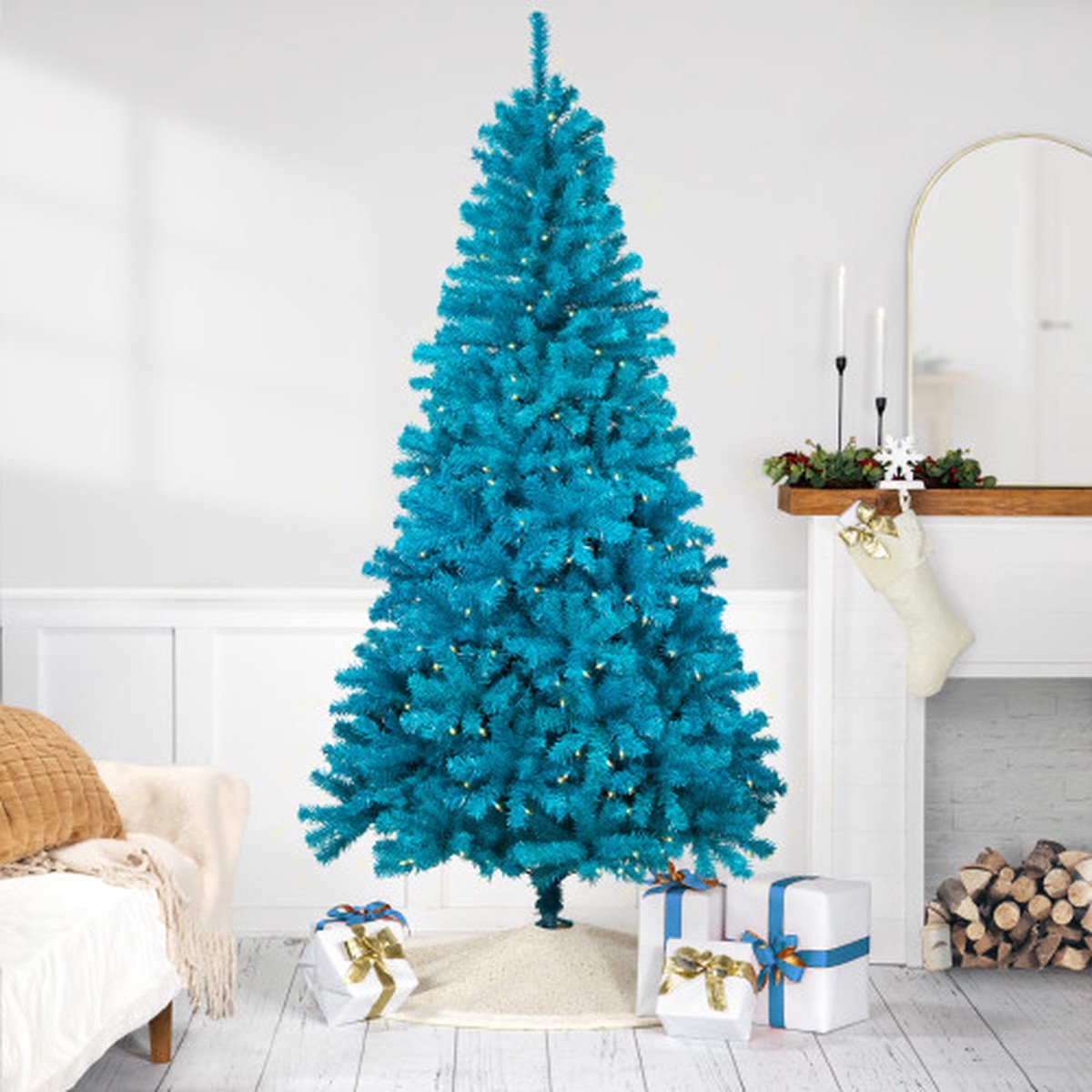 Pre-Lit Medium Pine Artificial Christmas Tree – 6′ – Turquoise – Clear Lights