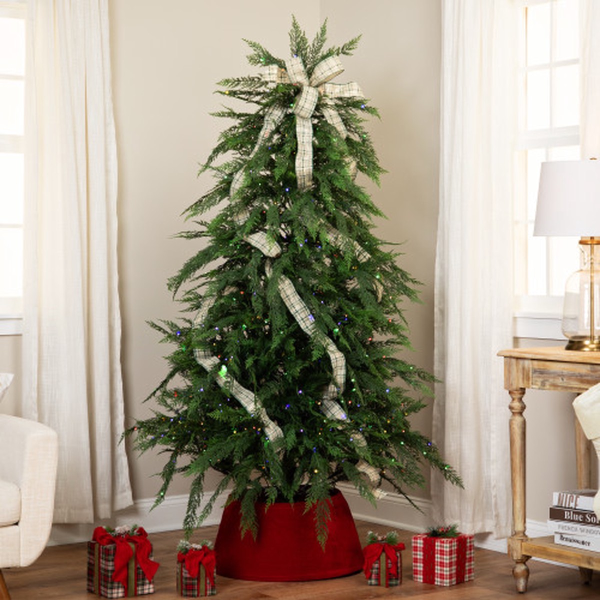 Pre-Lit Medium Weeping Cedar IPT Artificial Christmas Tree – 6.5′ – Dual Color LED Lights