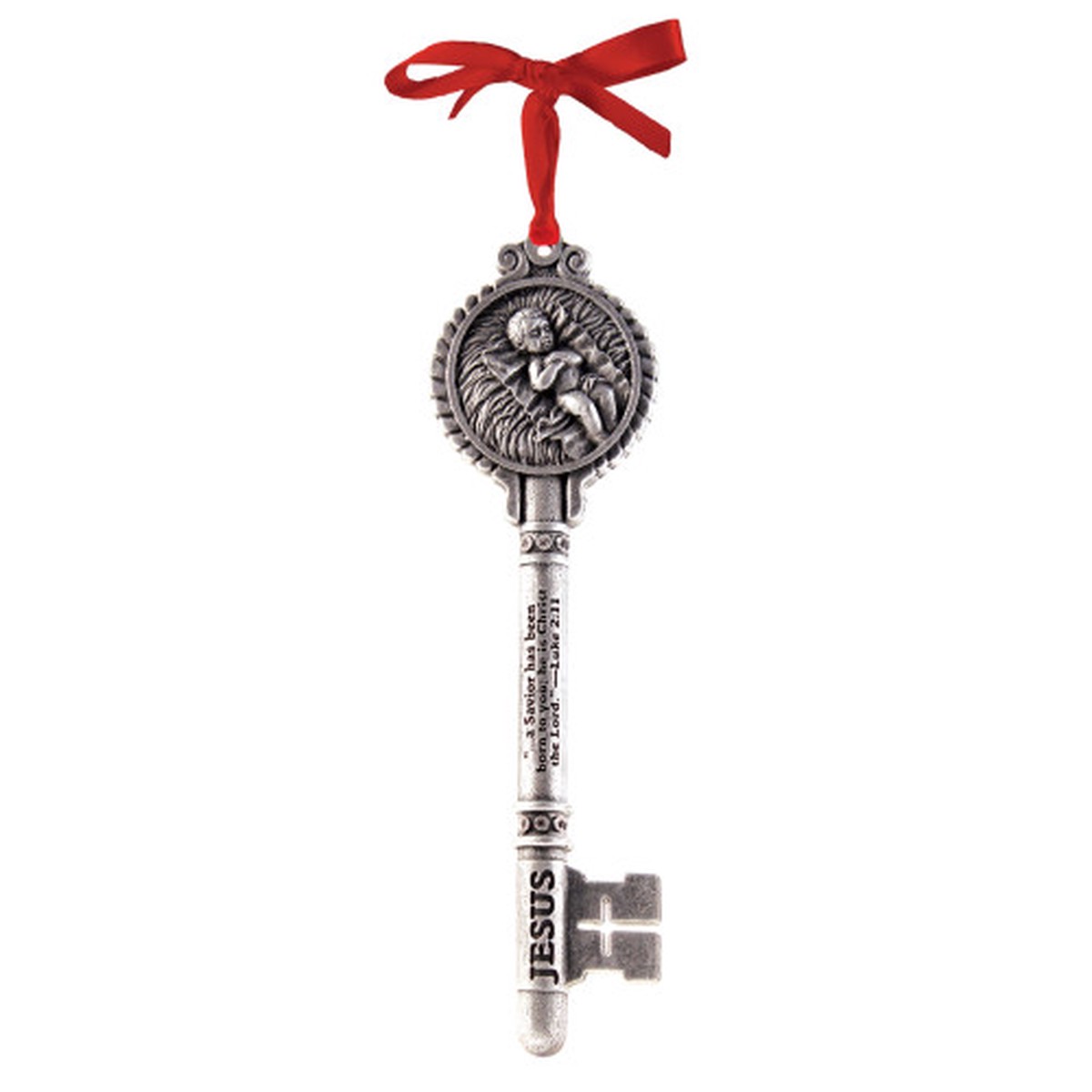 Baby Jesus Key-Shaped Luke 2:11 Christmas Ornament – 6.75″ – Silver